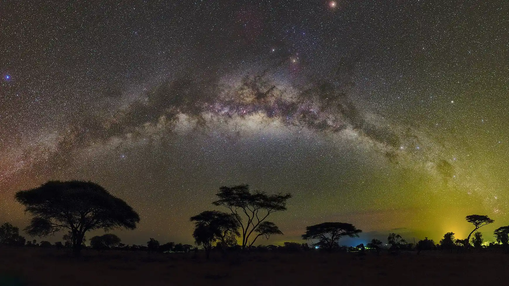 Bogen der Milchstraße über den Akazien des Amboseli-Nationalparks in Kenia, mitten in der Nacht