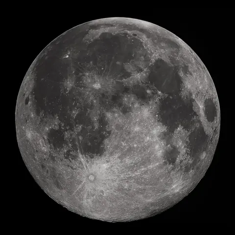 Der Vollmond durch ein Teleskop fotografiert, mit Kratern und dunklen Meeren